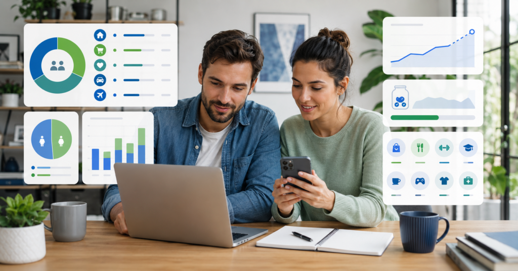 Couple using budgeting app dashboard to manage shared expenses, savings goals, and income split planning