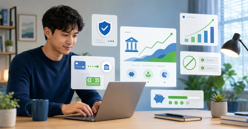 Beginner saver using a laptop with high-yield savings dashboard, protection shield, APY growth chart, and emergency fund progress