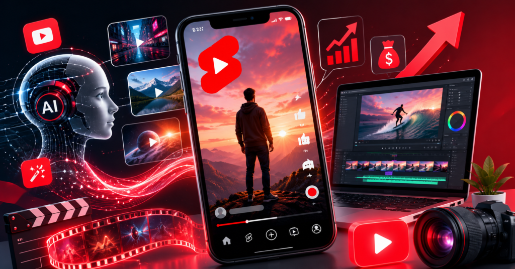 AI生成エフェクトとYouTubeショート動画制作を表現したスマートフォン画面