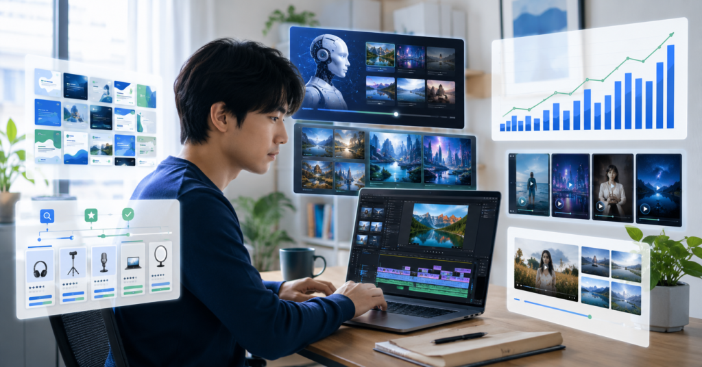 Japanese freelancer creating AI videos on a laptop with editing dashboard, AI generation panels, income chart, and tool comparison visuals