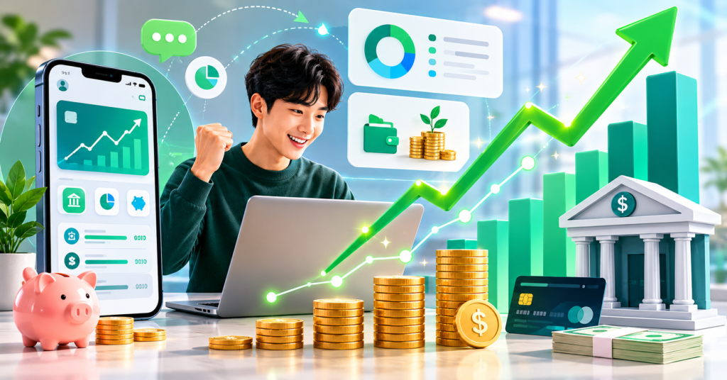 Digital bank interface with rising savings chart and money market account growth