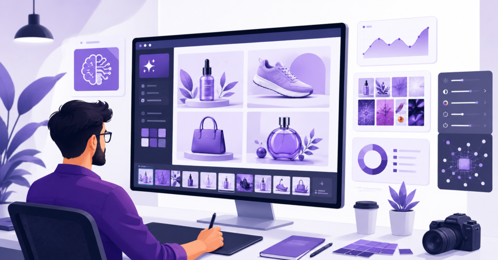 Designer working with AI-generated product images on a large screen, with product mockups, editing panels, and purple commercial design dashboard