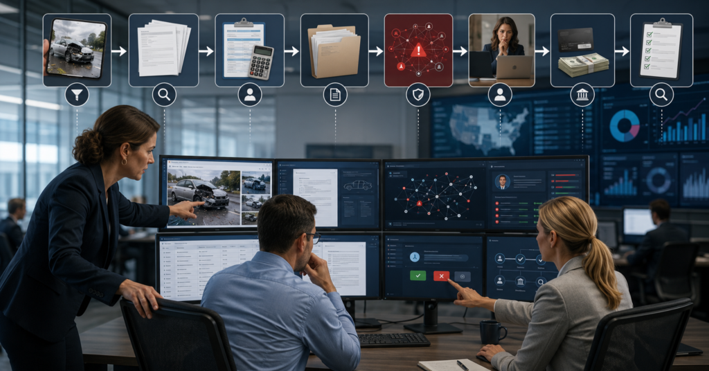 Insurance claims team reviewing AI-assisted claims management workflows