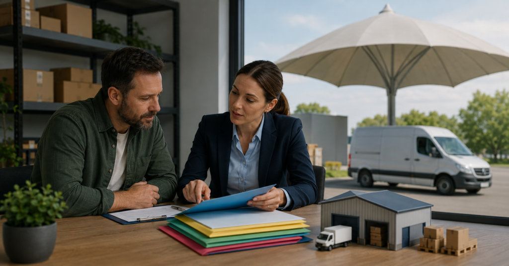 Small business owner comparing commercial umbrella insurance with an insurance advisor