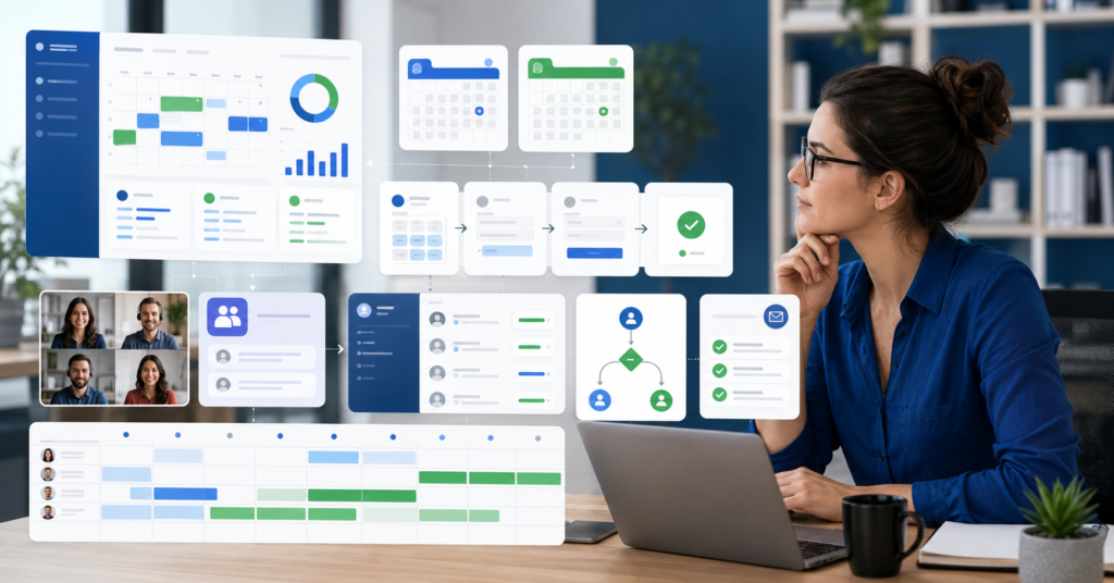 Small business owner comparing AI scheduling assistant software and calendar automation tools