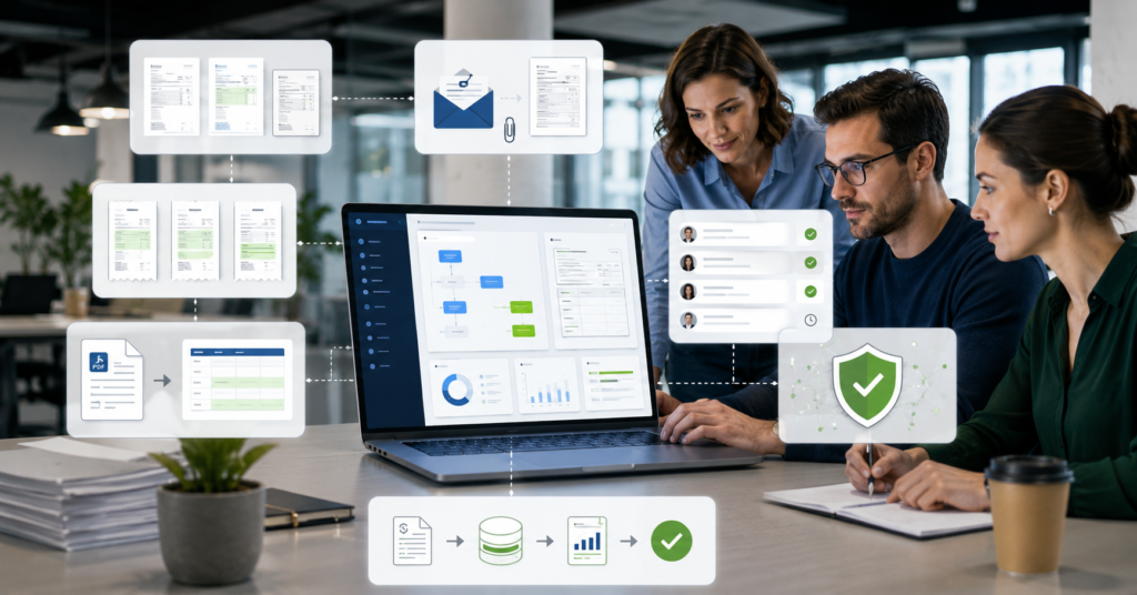 Small business team using AI document processing software with OCR and invoice extraction dashboard
