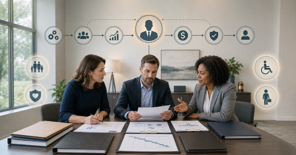 Small business owner comparing key person insurance with a financial advisor