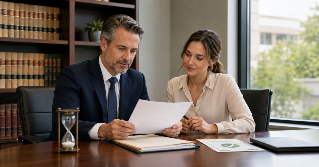 Lawyer and billing coordinator reviewing a legal invoice at an office table with case files and a timer