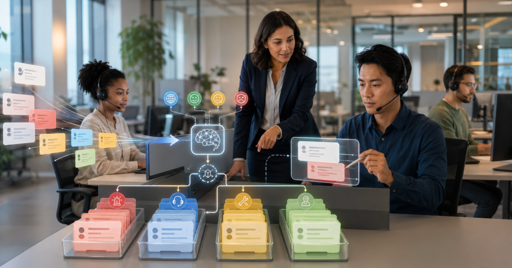 Customer support team reviewing AI ticket triage and routing workflows