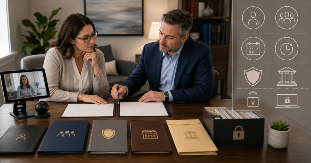 Licensed therapist comparing malpractice insurance with an insurance advisor