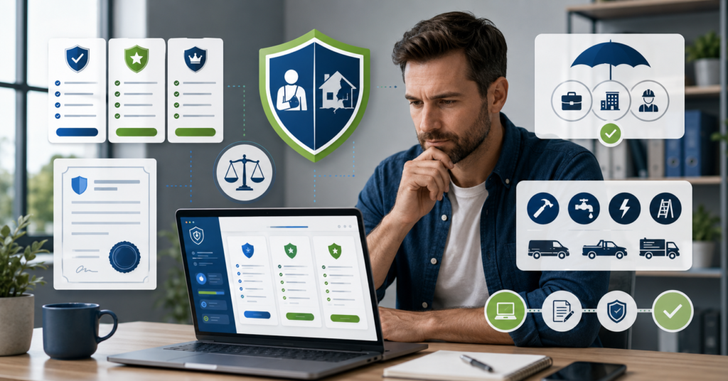 Small business owner comparing general liability insurance options with abstract insurance quote dashboard