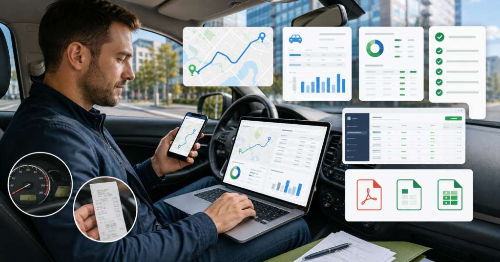 Self-employed driver comparing mileage tracking apps for tax reports and GPS trip logs