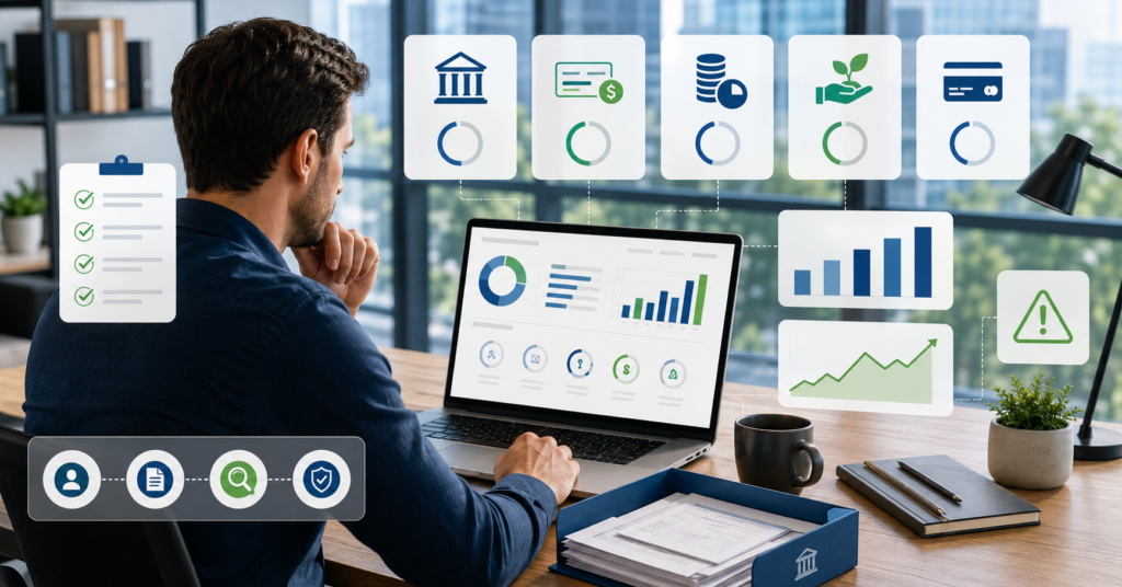 LLC startup founder comparing business loan options with abstract funding dashboard