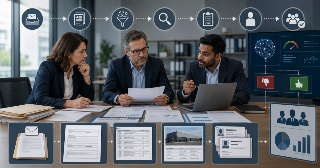 Insurance underwriting team reviewing AI-assisted risk analysis and submission workflows