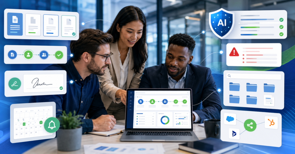 Small business team comparing AI contract management software with workflow dashboard and e-signature tools