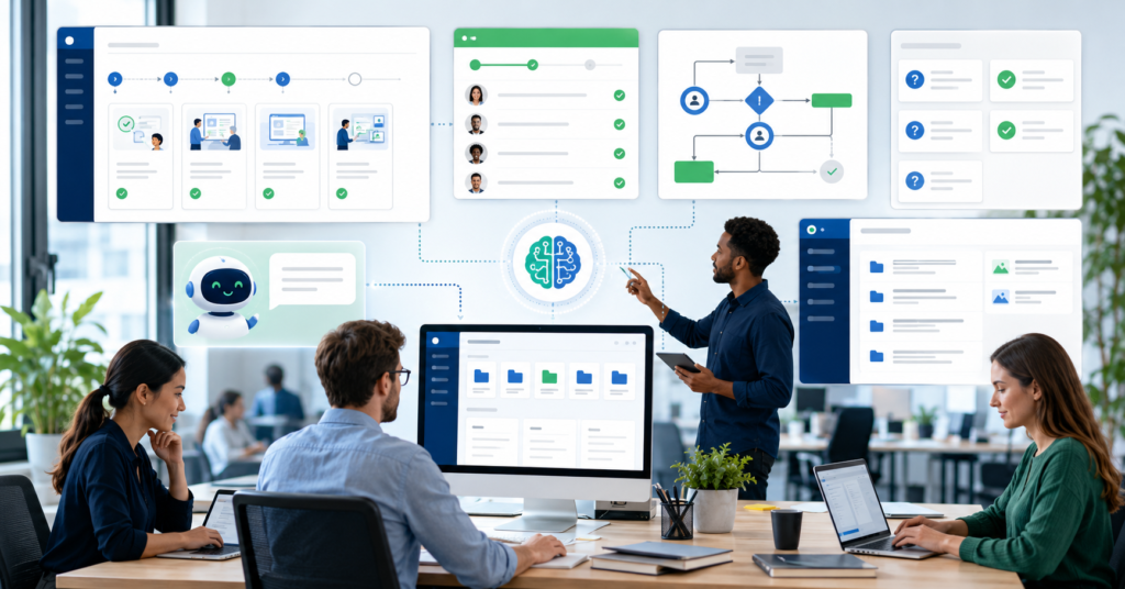 AI SOP software dashboard for operations teams with workflow cards and onboarding checklist