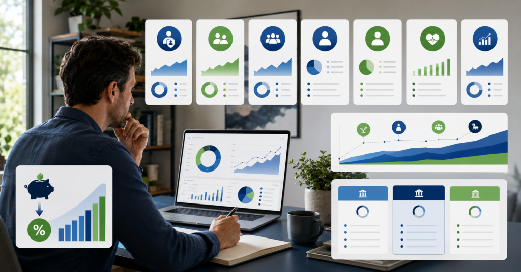Self-employed professional comparing retirement plan options with abstract retirement dashboard