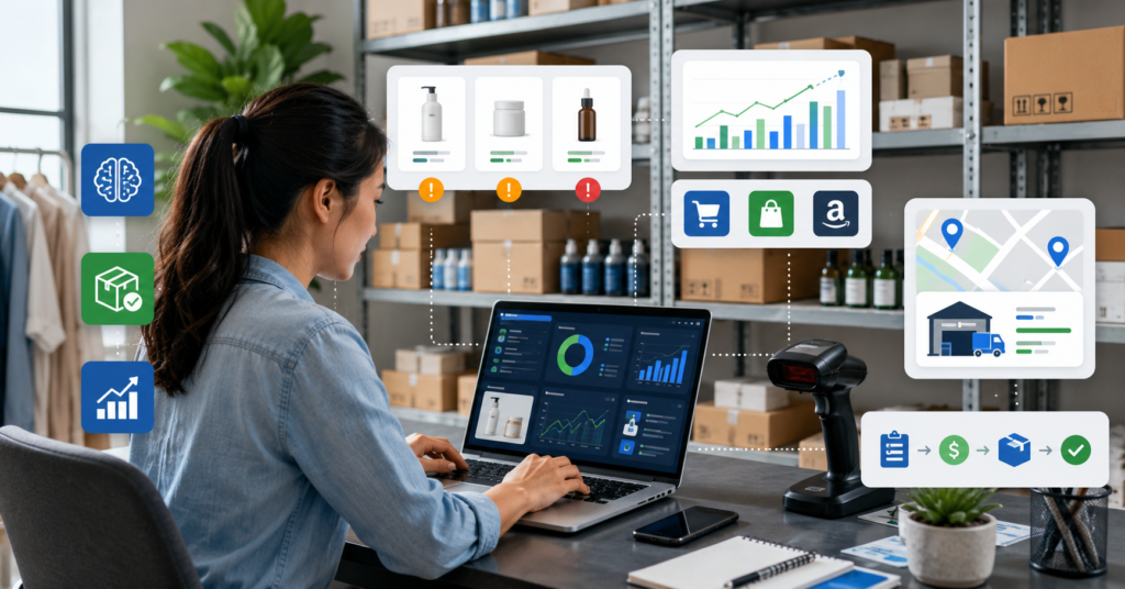 Small business owner using AI inventory management software with stock dashboard and barcode scanner
