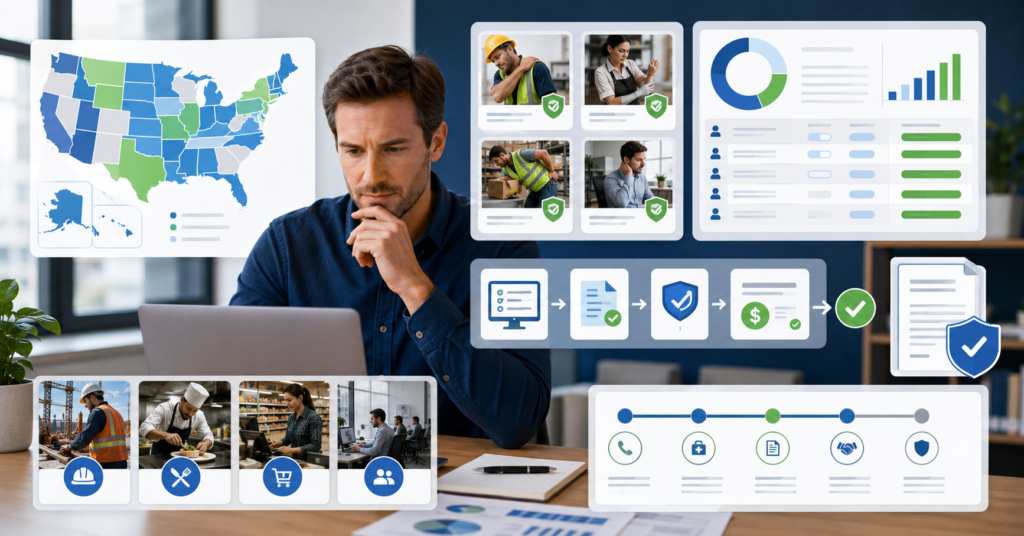 Small business owner comparing workers compensation insurance providers and state requirements
